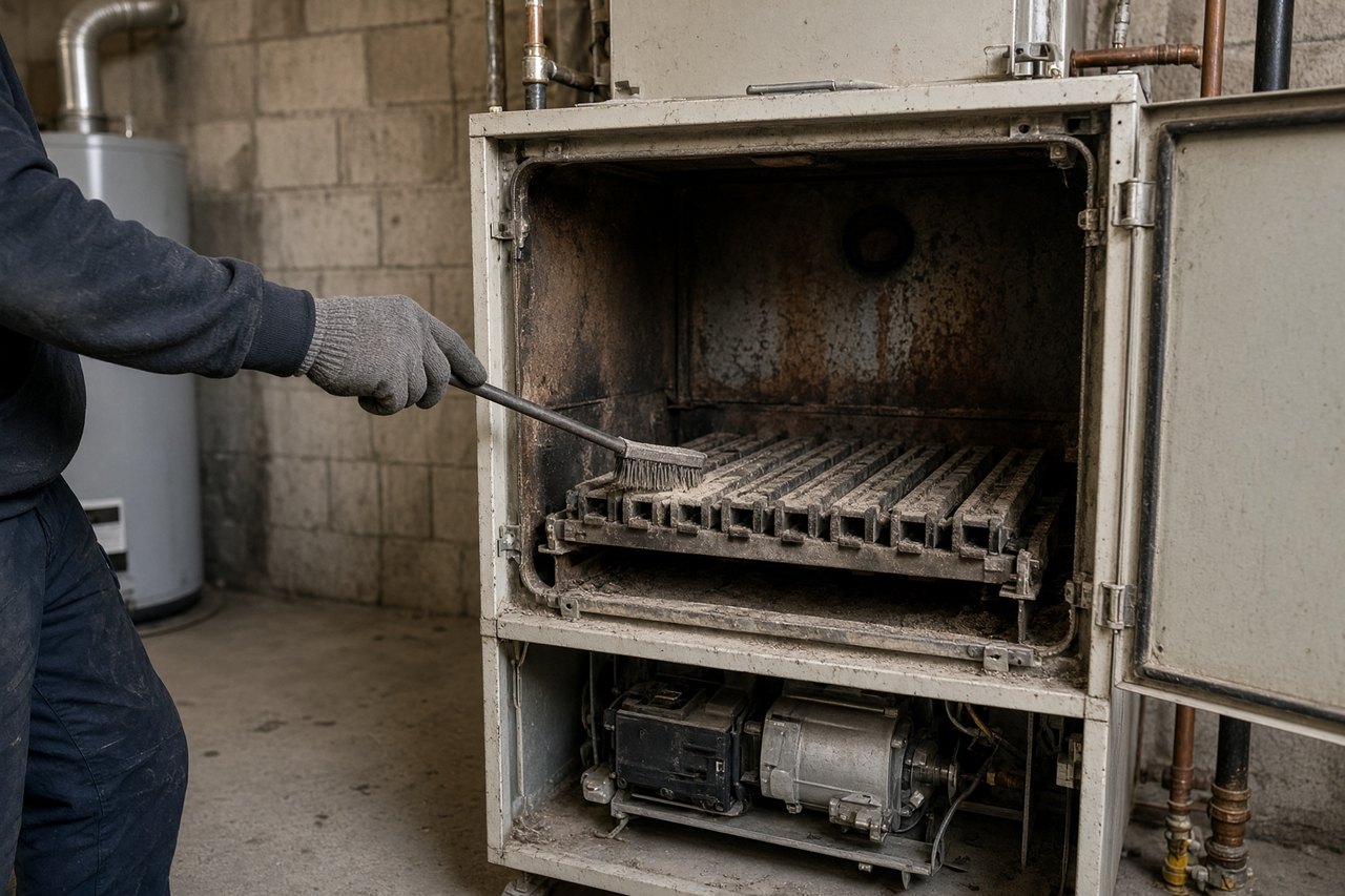 Photo illustrating furnace cleaning in New Hampshire.
